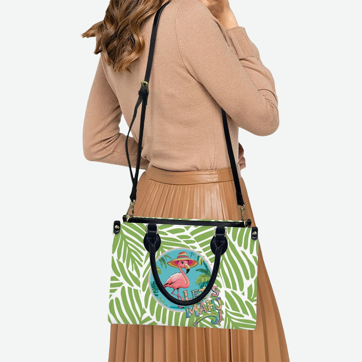 Let's Mahj Whimsical Pink Flamingo Mahjong Lover Green Tropical Shoulder Bag, Handbag, Travel