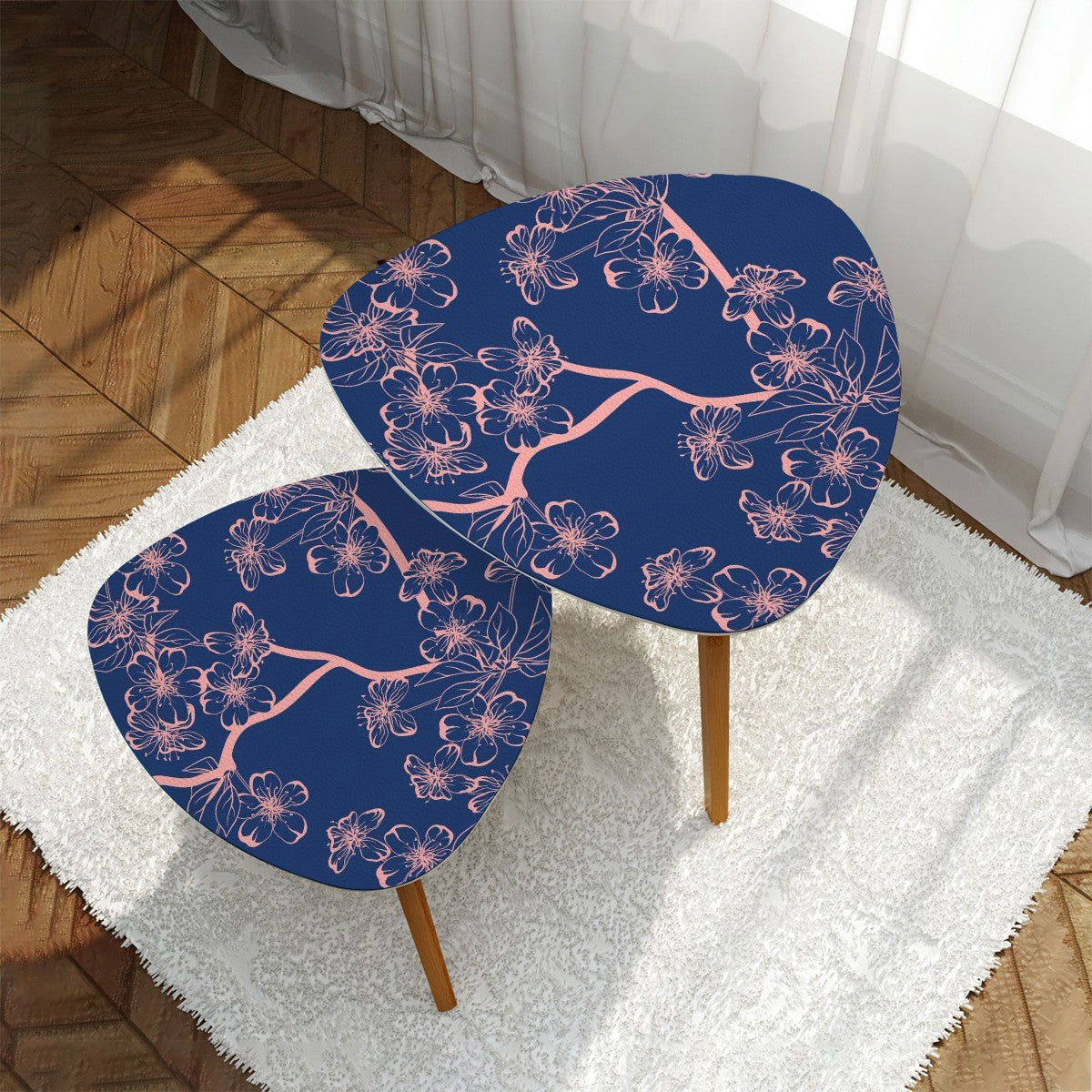 Asian Royal Blue Pink Floral Zen Nesting Triangle Coffee Tables