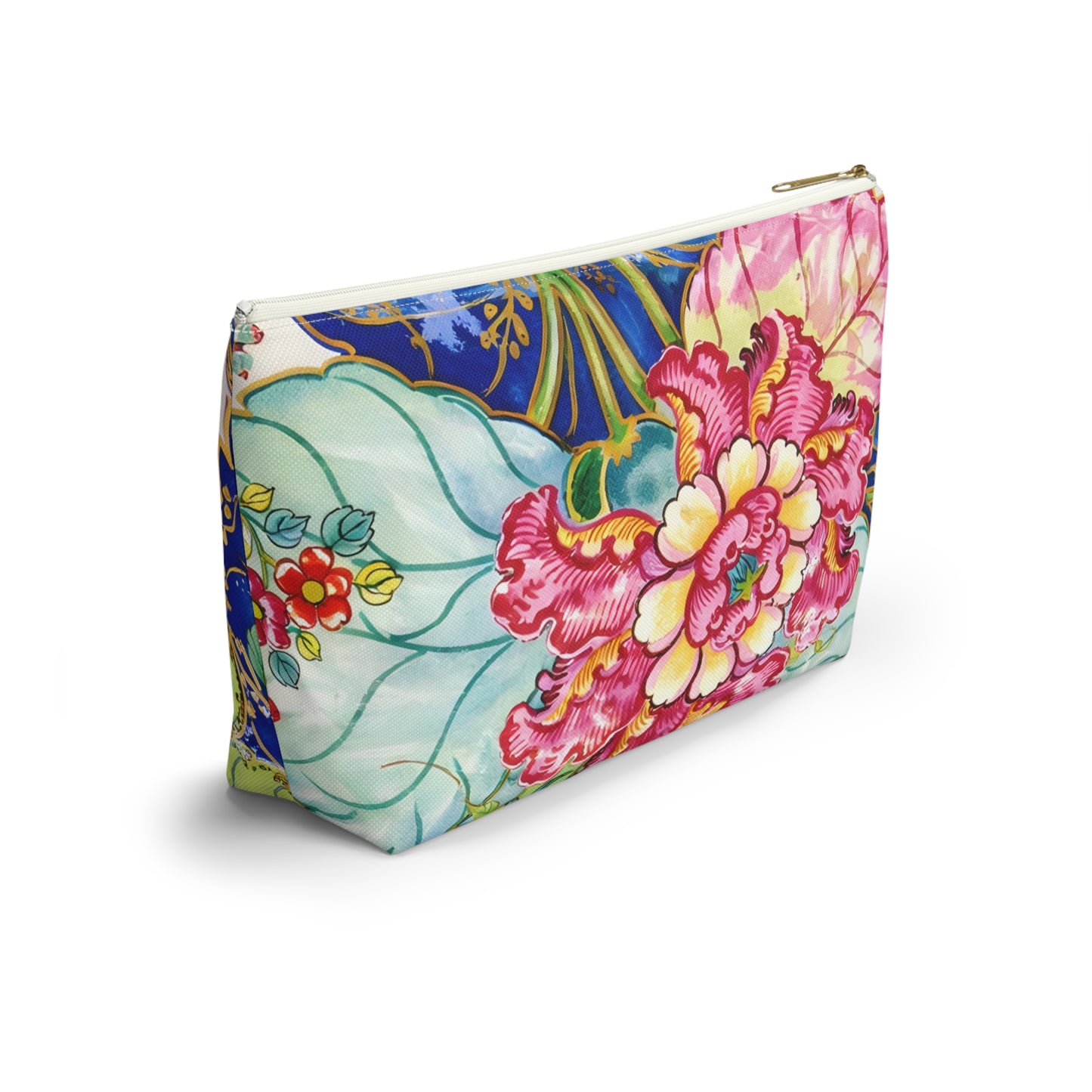 Tobacco Leaf Floral Bird Accessory Pouch — Chinoiserie Mahjong Tile Bag with T‑Bottom - Splash of Color Co.