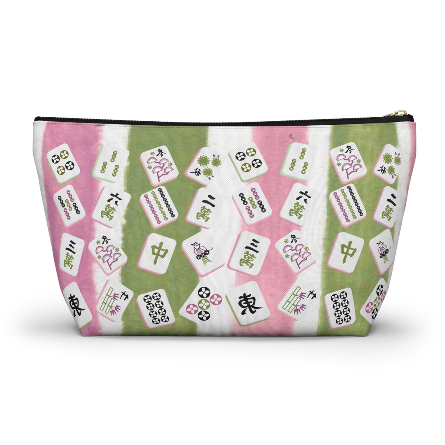 Mahjong Tile Pouch, Mahj Lover Gift, Cosmetic Bag, Pastel Pink Green Striped With Mahjong Tiles