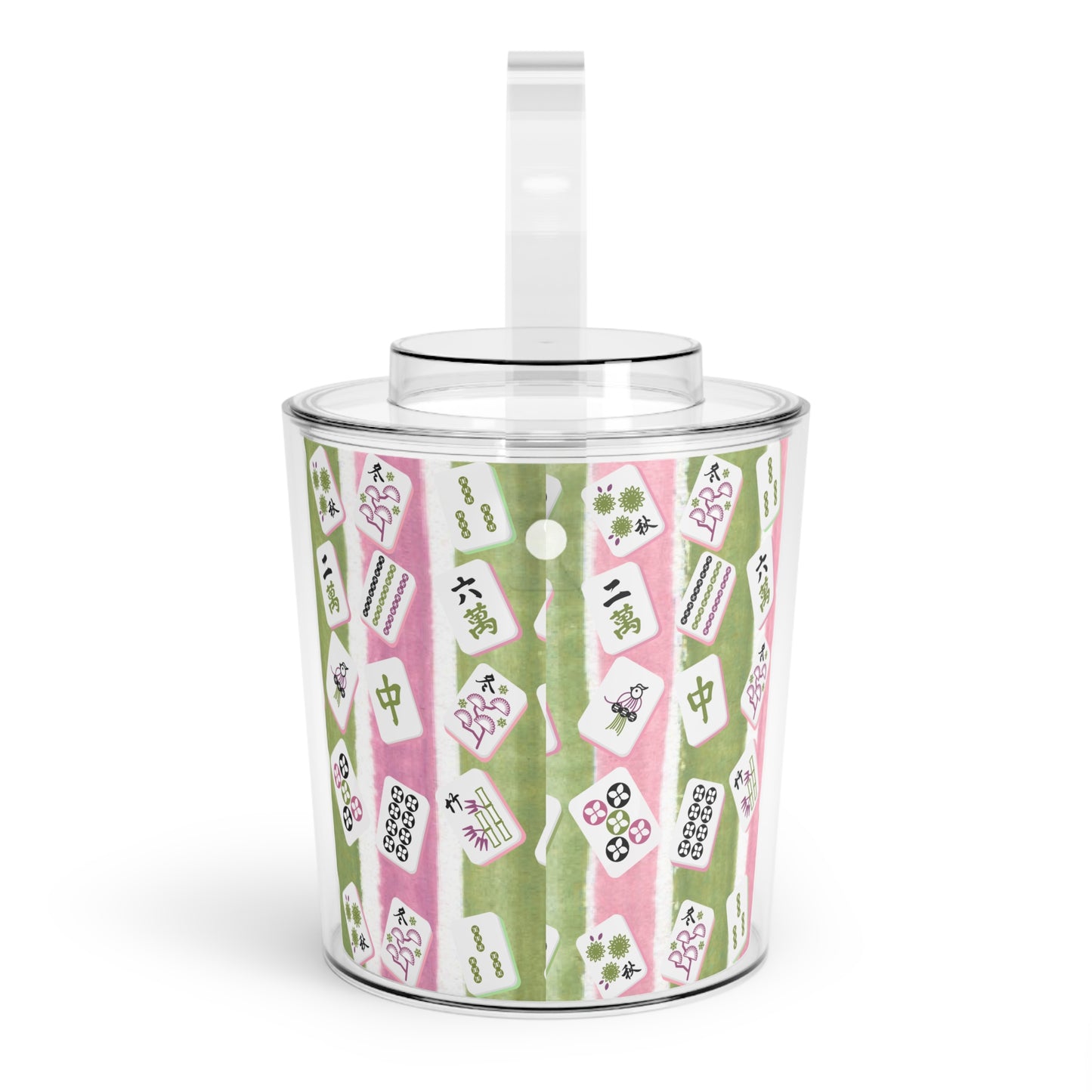 Mahjong Ice Bucket, Charming Ice Bucket with Tongs for Parties, Green Pink Striped Mahj Tiles Drink Cooler