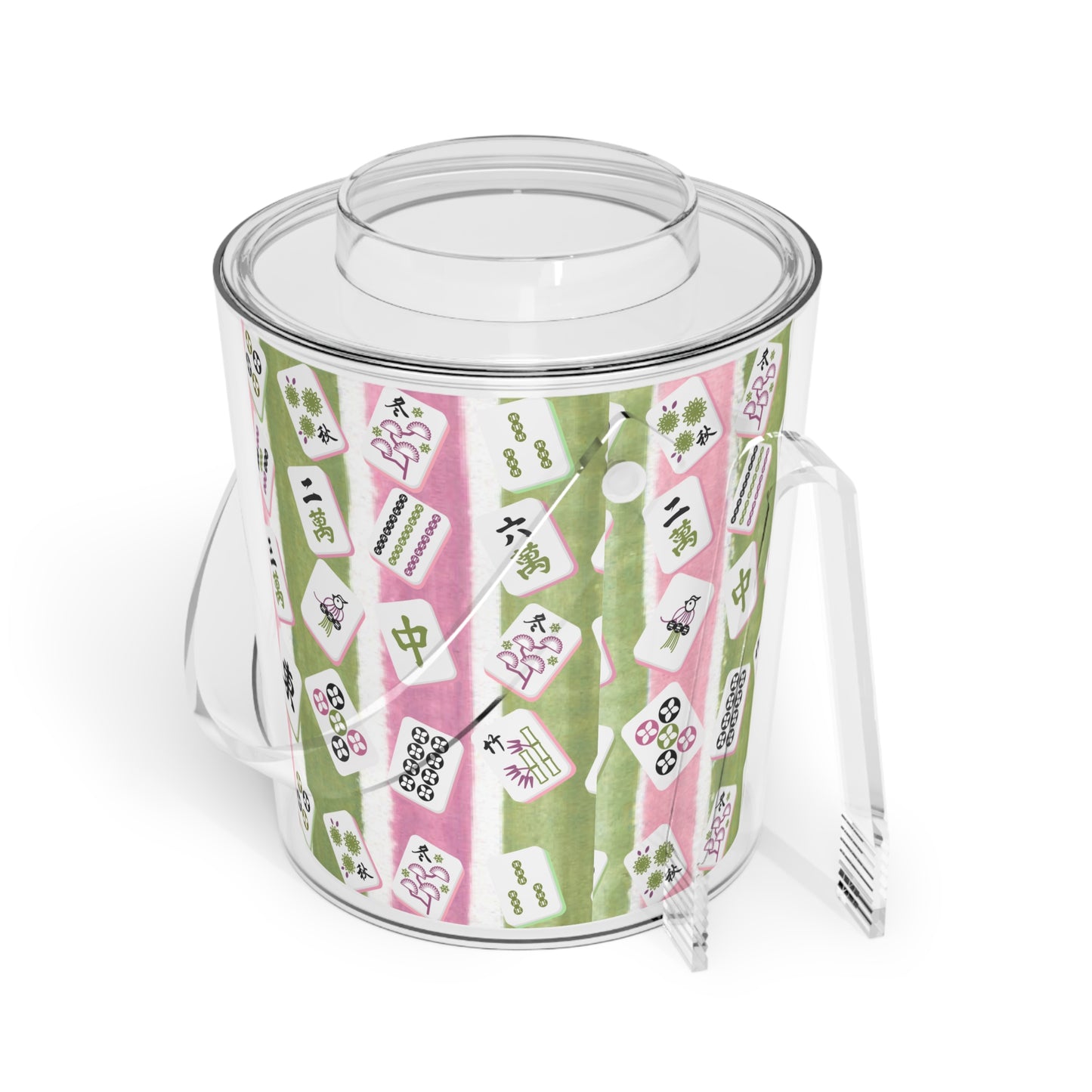 Mahjong Ice Bucket, Charming Ice Bucket with Tongs for Parties, Green Pink Striped Mahj Tiles Drink Cooler