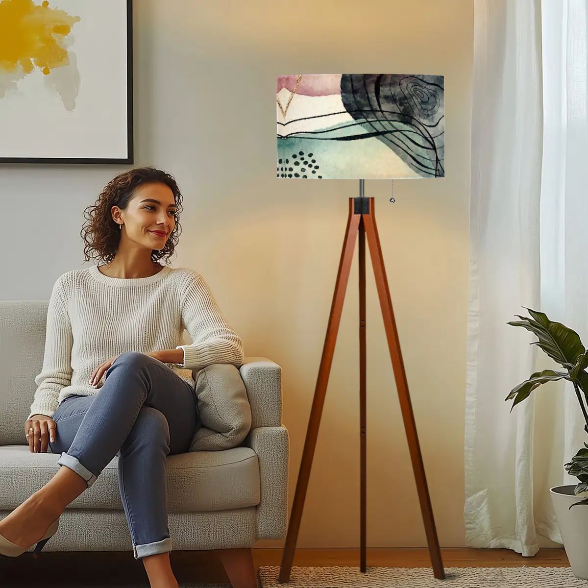 Bohemain Watercolor Blue, Blush Abstract Modern Tripod Floor Lamp