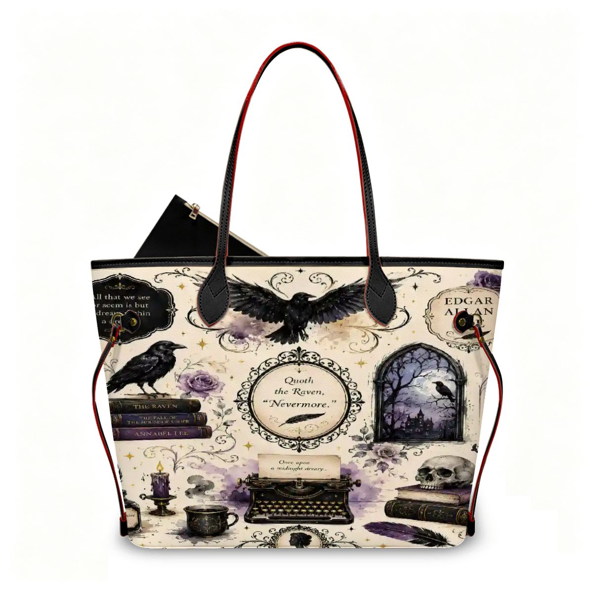 Edgar Alle Poe Literature Lover Vegan Leather Tote Bag with Mini Pouch