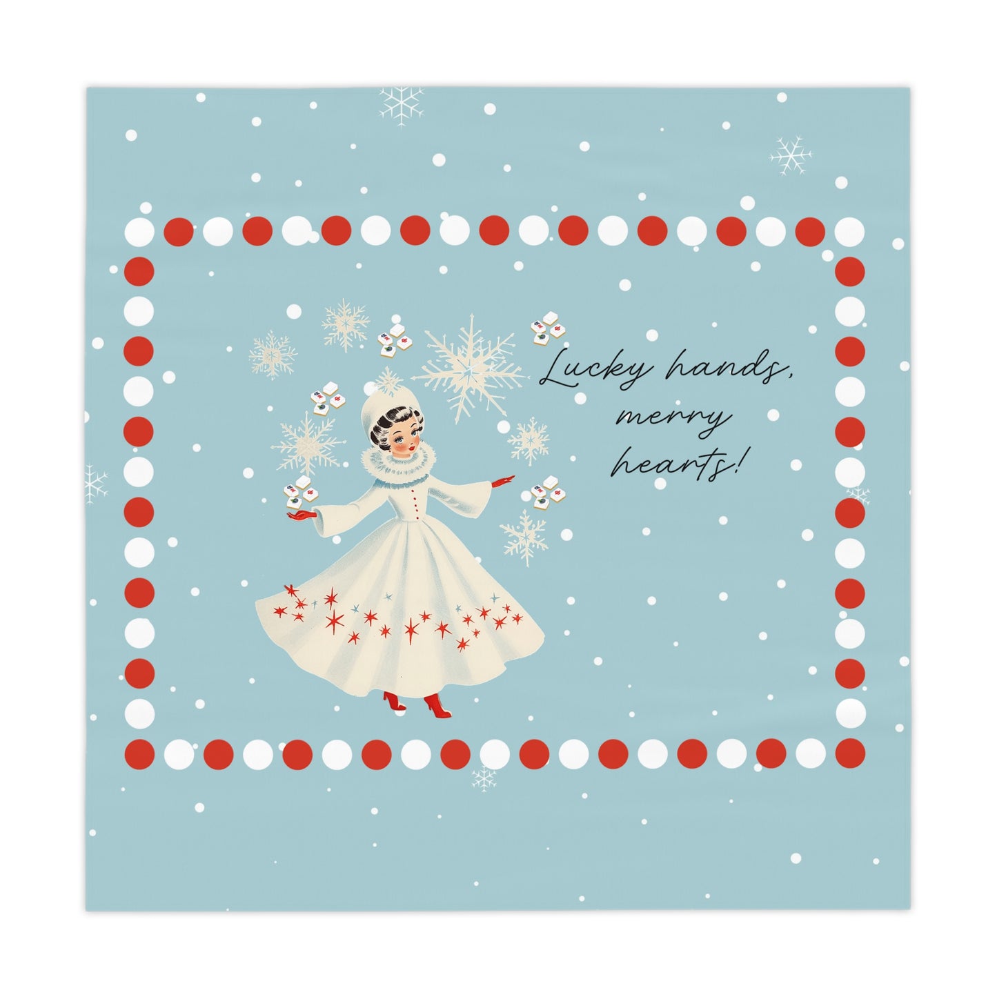 Festive Mahjong Christmas Tablecloth, Lucky Hands Merry Hearts Snowflake Tablecloth