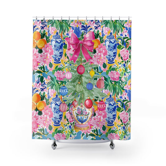 Chinoiserie Christmas Shower Curtain, Festive Floral Christmas Tree Design - Splash of Color Co.