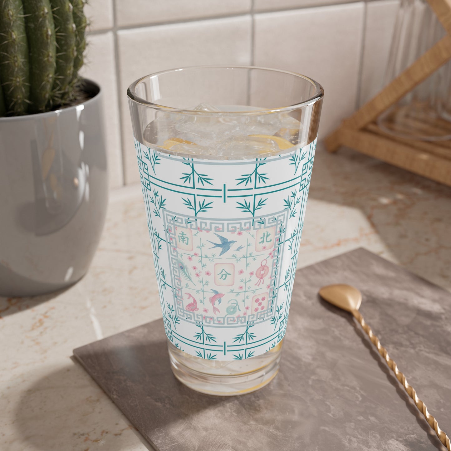 Mahjong Drinkware, Pastel Tiles, Charming Mixing Glass, 16oz – Vintage Floral Design, Perfect Mahjong Gift