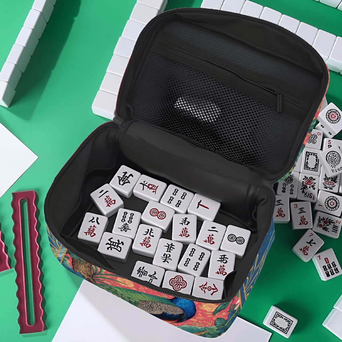Elegant Peacock Preppy Chinoiserie Portable Mahjong Bag - Splash of Color Co.