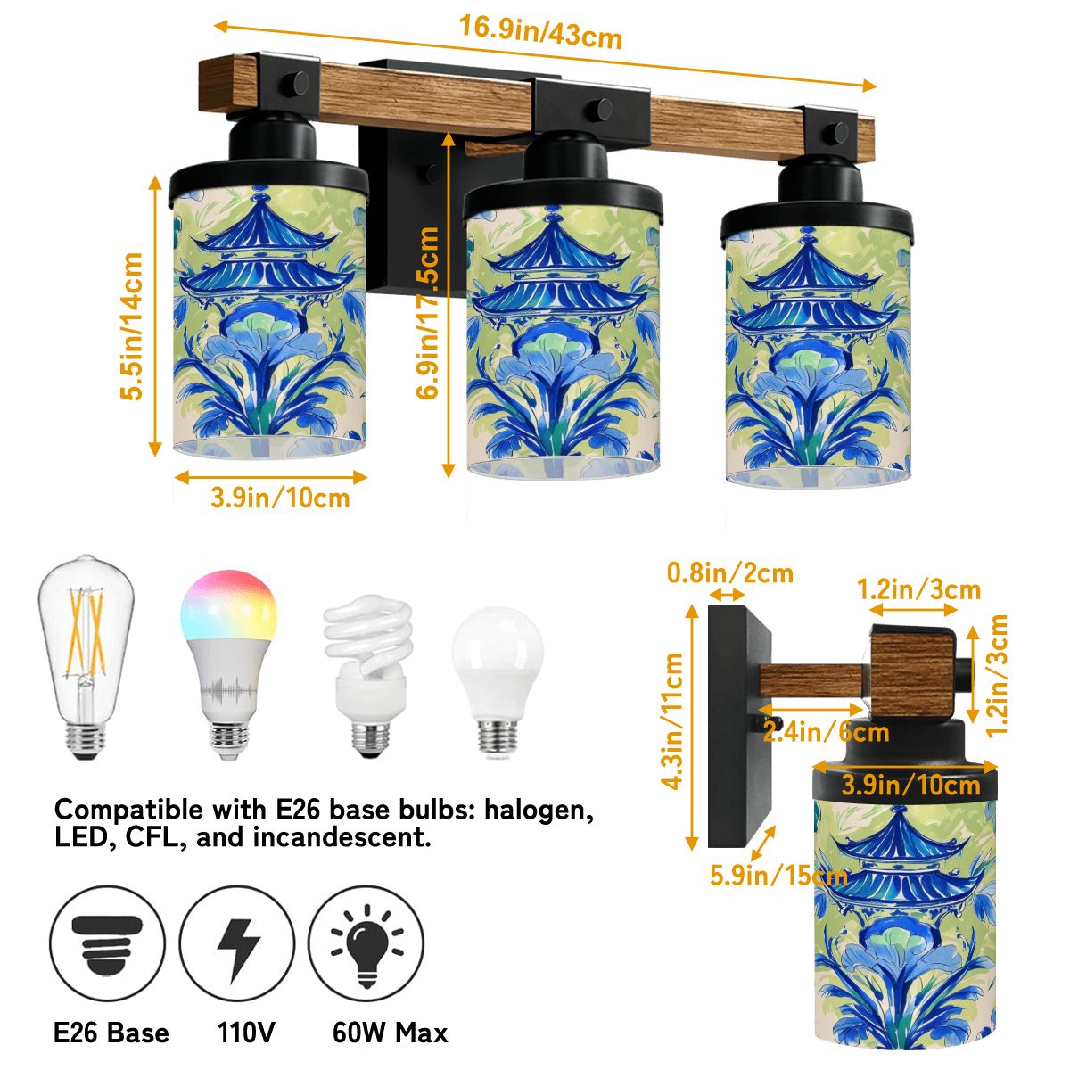 Garden Pagoda Asian Zen Floral Green Blue Vanity Light Fixture
