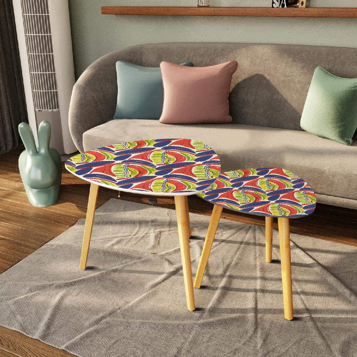 Modern Heritage Abstract Coral Blue, Citrus Green Nesting Tables Triangle Coffee Tables
