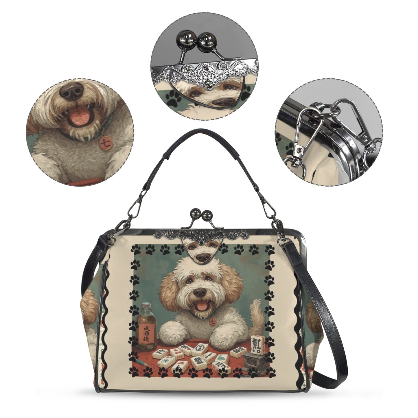 Mahjong Doodle Dog, Whimsical Vintage Style Kisslock Crossbody Shoulder Bag - Splash of Color Co.