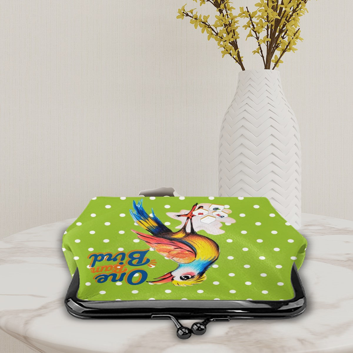 Whimsical Citrus Green Polka Dot One Bam Bird Mahjong Lover Gift Women's Kiss Lock Coin Purse