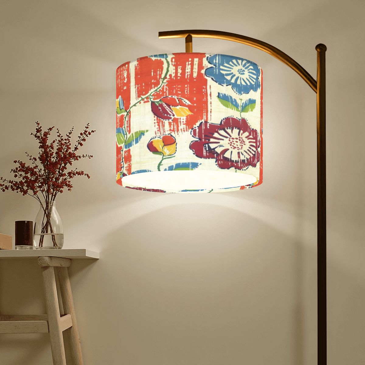 Boho Floral Heritage Modern Arc Floor Lamp, In Coral Blue And Green