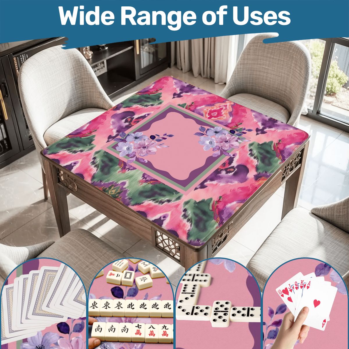 Mahjong Mat Ikat Watercolor Pink, Purple, Emerald Green Boho Mahj Mat