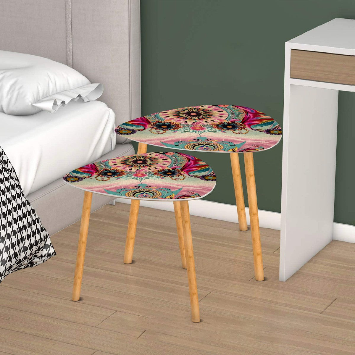 Bohemian Watercolor Bejeweled Tones Fusia Pink, Blue Boho Nesting Tables