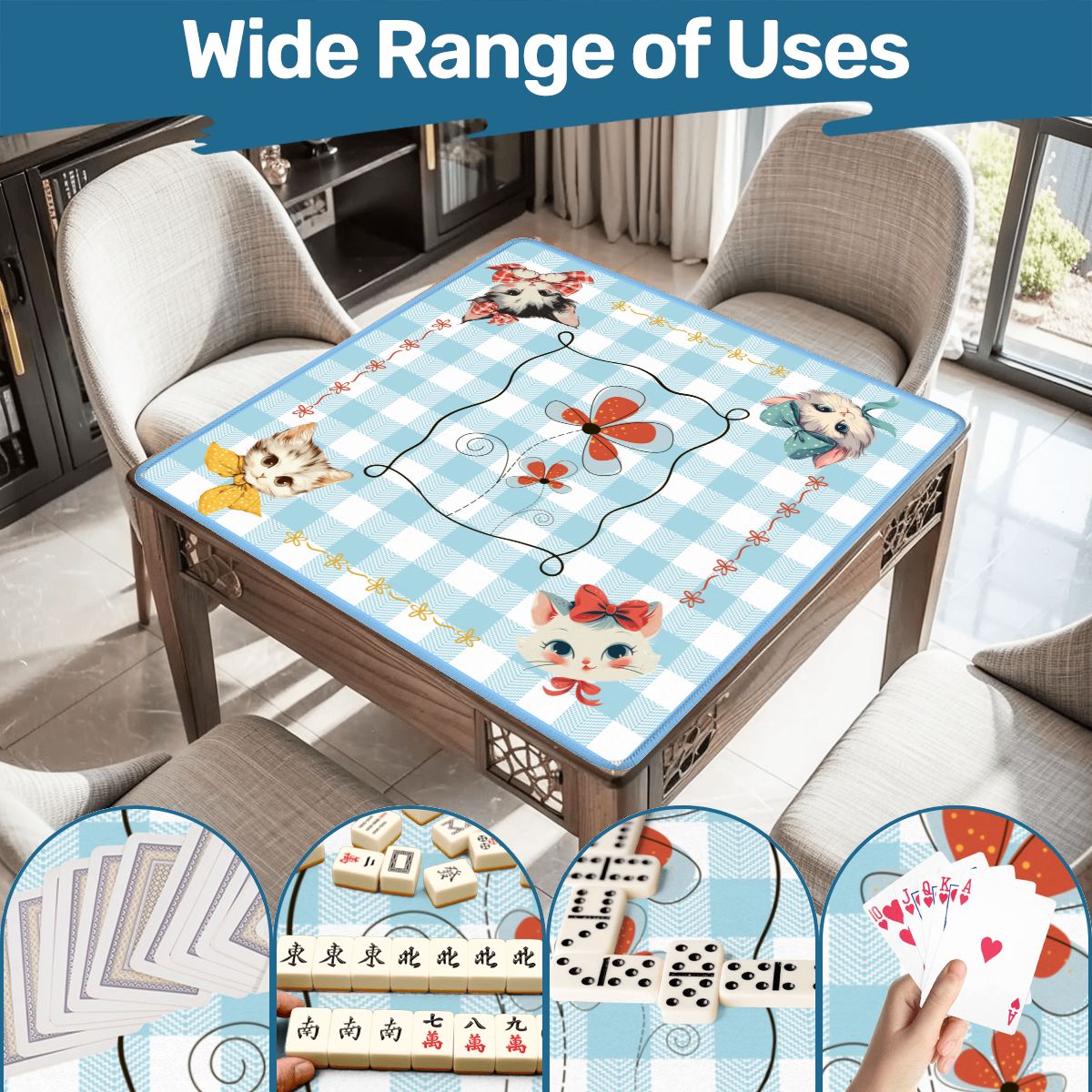 Mahjong Mat Vintage Whimsical Kittens, Blue White Gingham Preppy Check Mahj Mat - Splash Of Mahj And Color Co.