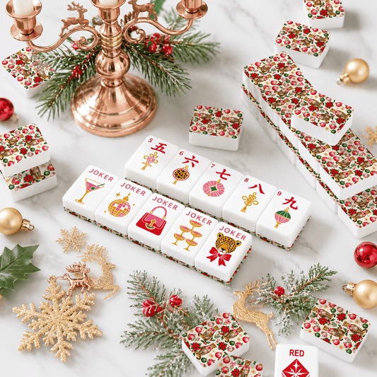 Leopard Luxe Poinsetta Glitz And Glam Holiday Christmas Mahjong Tiles And Carry Case - Splash Of Mahj And Color Co.