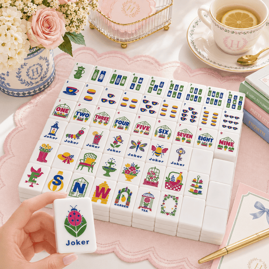 Lady Bug Luck Mod Daisy Flower Mahjong Garden Style Engraved Tiles And Carry Case - Splash Of Mahj And Color Co.