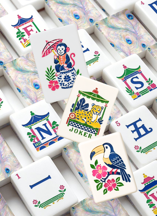 Iridescent Peacock Feathers Chinoiserie Engraved Mahjong Tiles With Carry Case - Splash Of Mahj And Color Co.