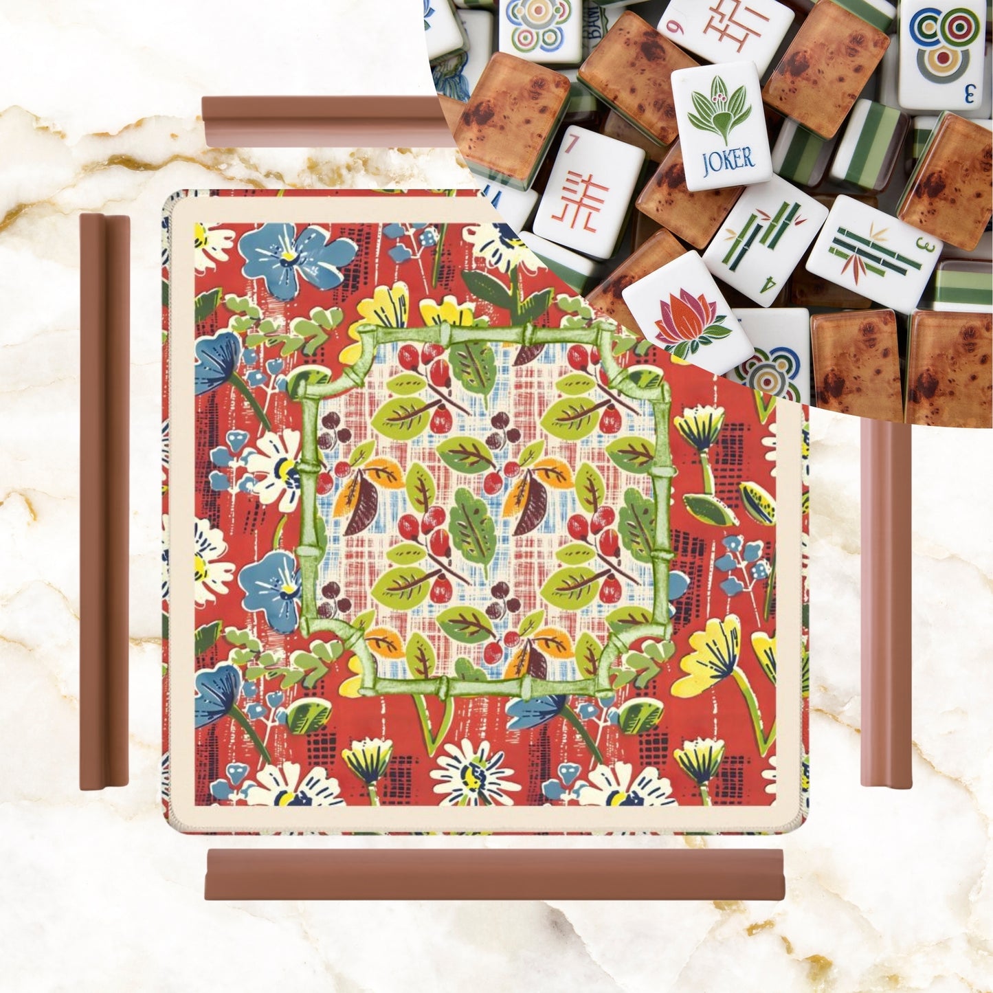 Mahjong Mat Floral Heritage Rust, Yellow Blue, Preppy Mahj Mat Coordinates Well With Heritage Tiles