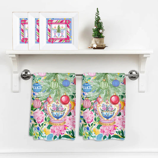 Mahjong Christmas Chinoiserie Floral Kitchen Dish Towels - Splash of Color Co.