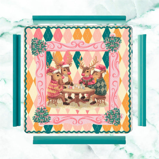 Oh Deer Christmas Mahjong Mat, Argyle Pastels And Whimsical Reindeer - Splash of Color Co.