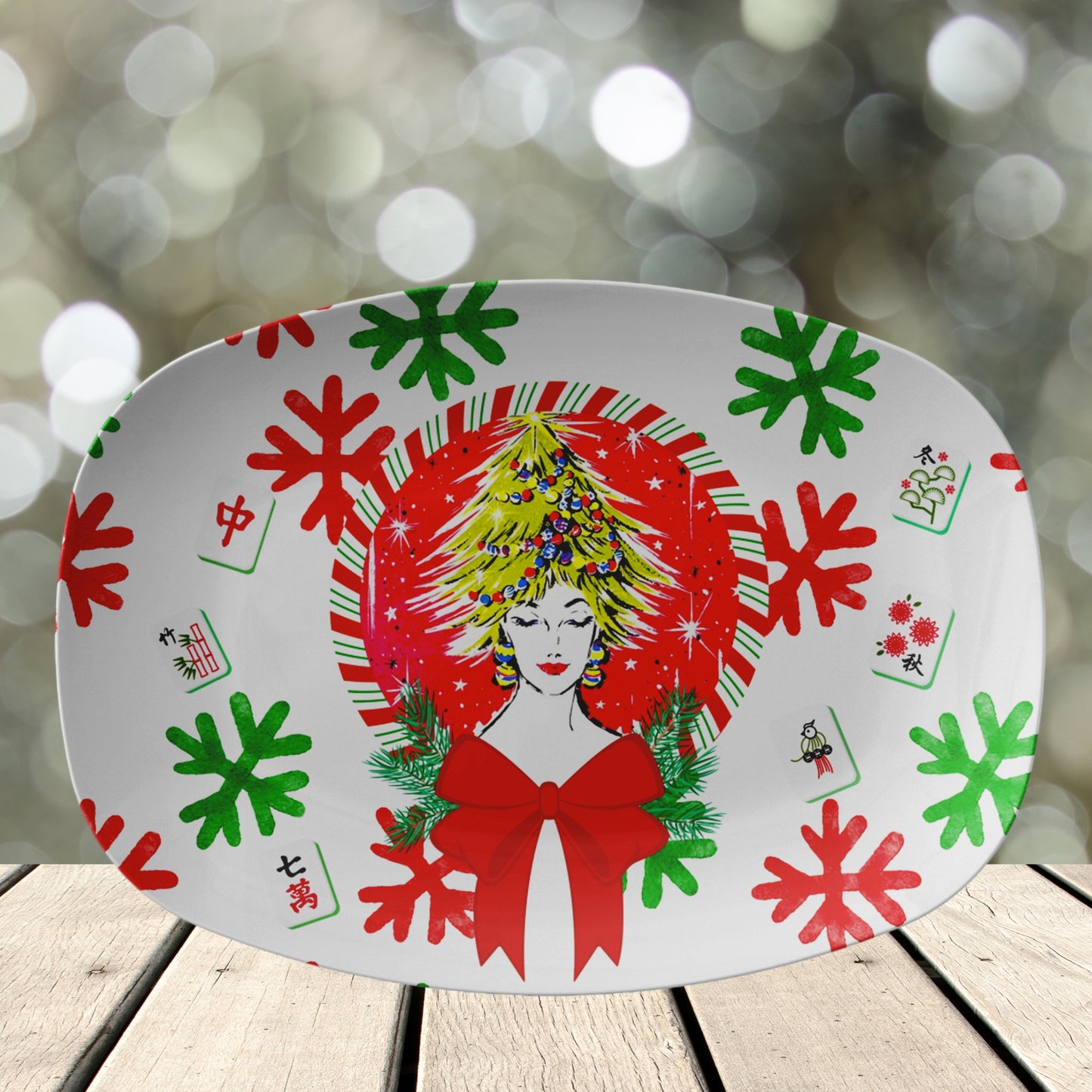 Merry Mahjong Christmas Platter, Vintage Nostalgic Christmas Gal Whimsical Mahj Gift