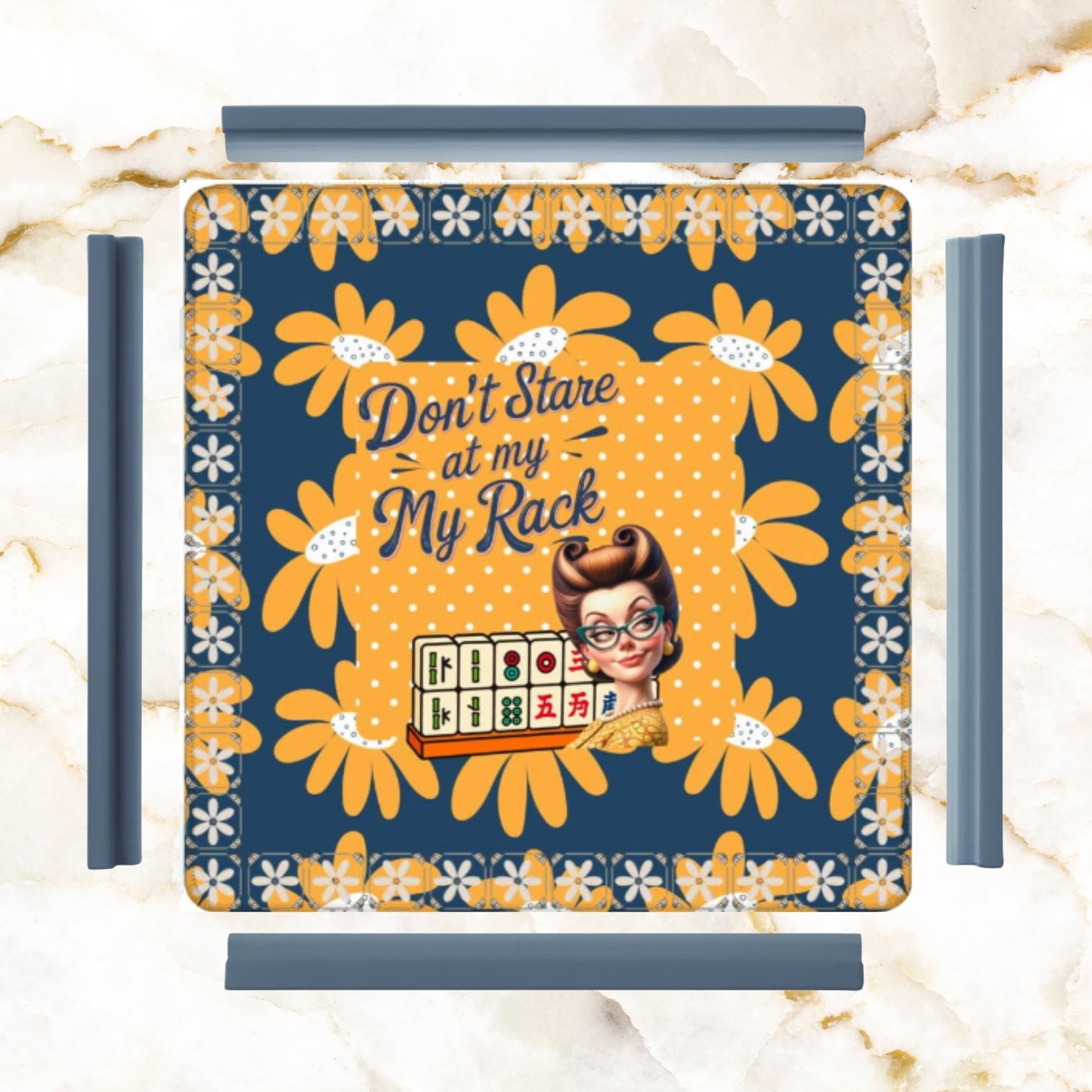 Sassy Funny Mahjong Mat, Don't Stare At My Rack Blue Yellow Preppy Floral