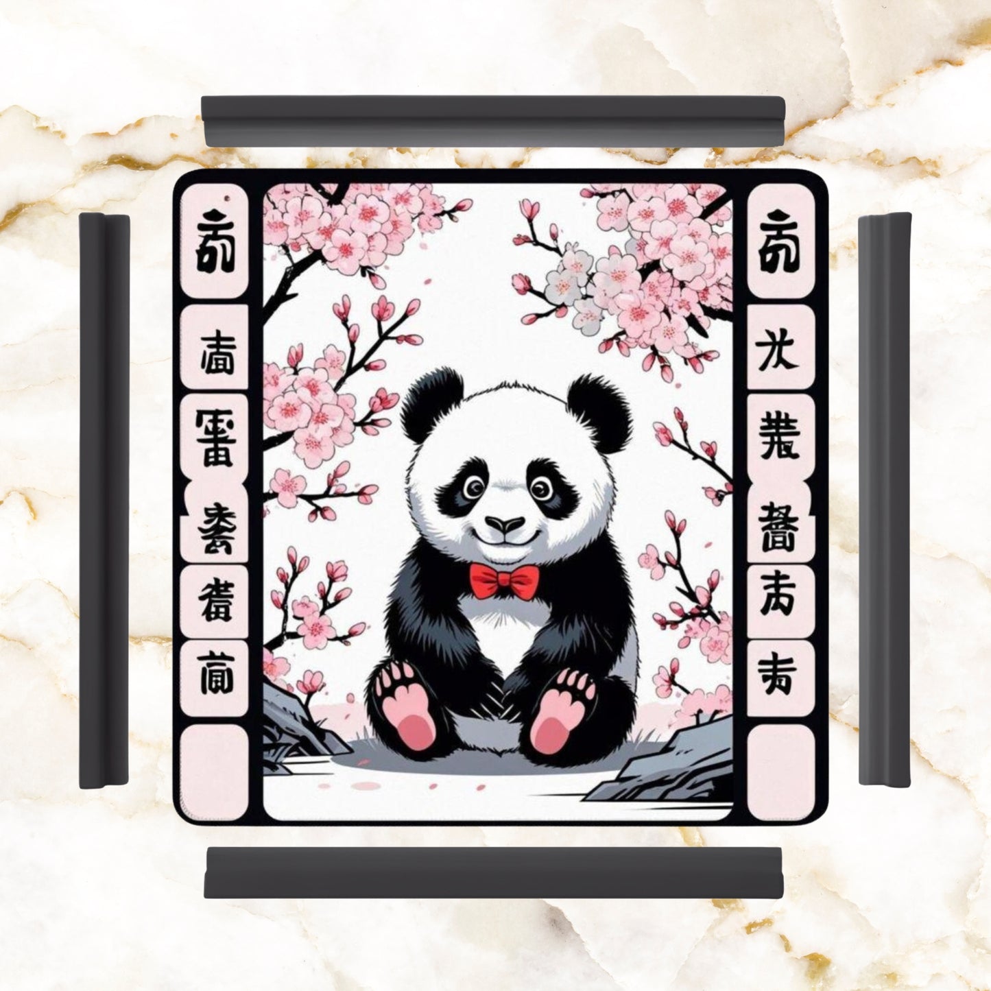 Asian Panda Bear Black Pink Cherry Blossom Mahjong Mat