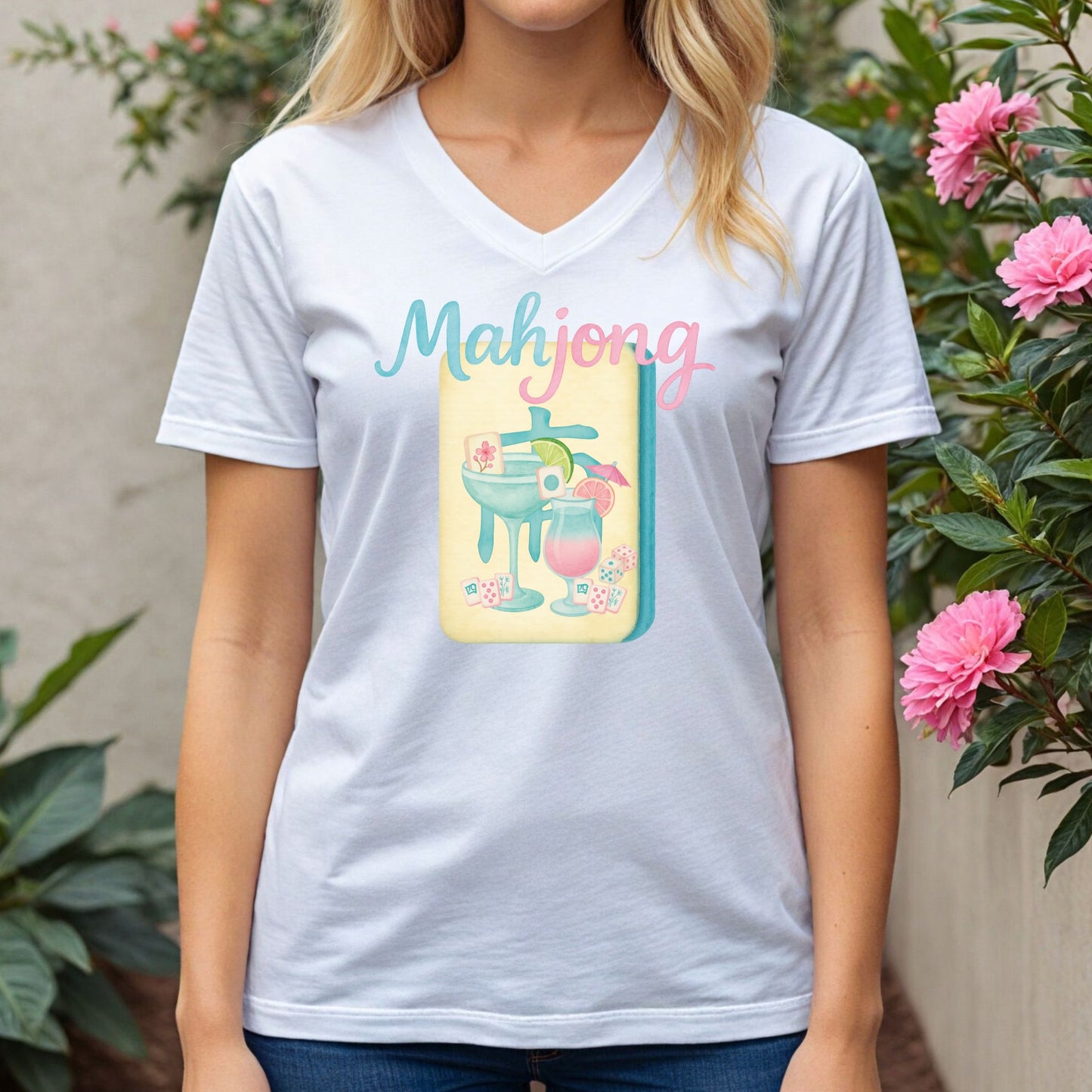 Mahjong V-Neck Tee for Game Nights, Relaxed Style for Board Game Lovers, Perfect Gift for Mahjong Enthusiasts, Casual Wear, Fun Tee