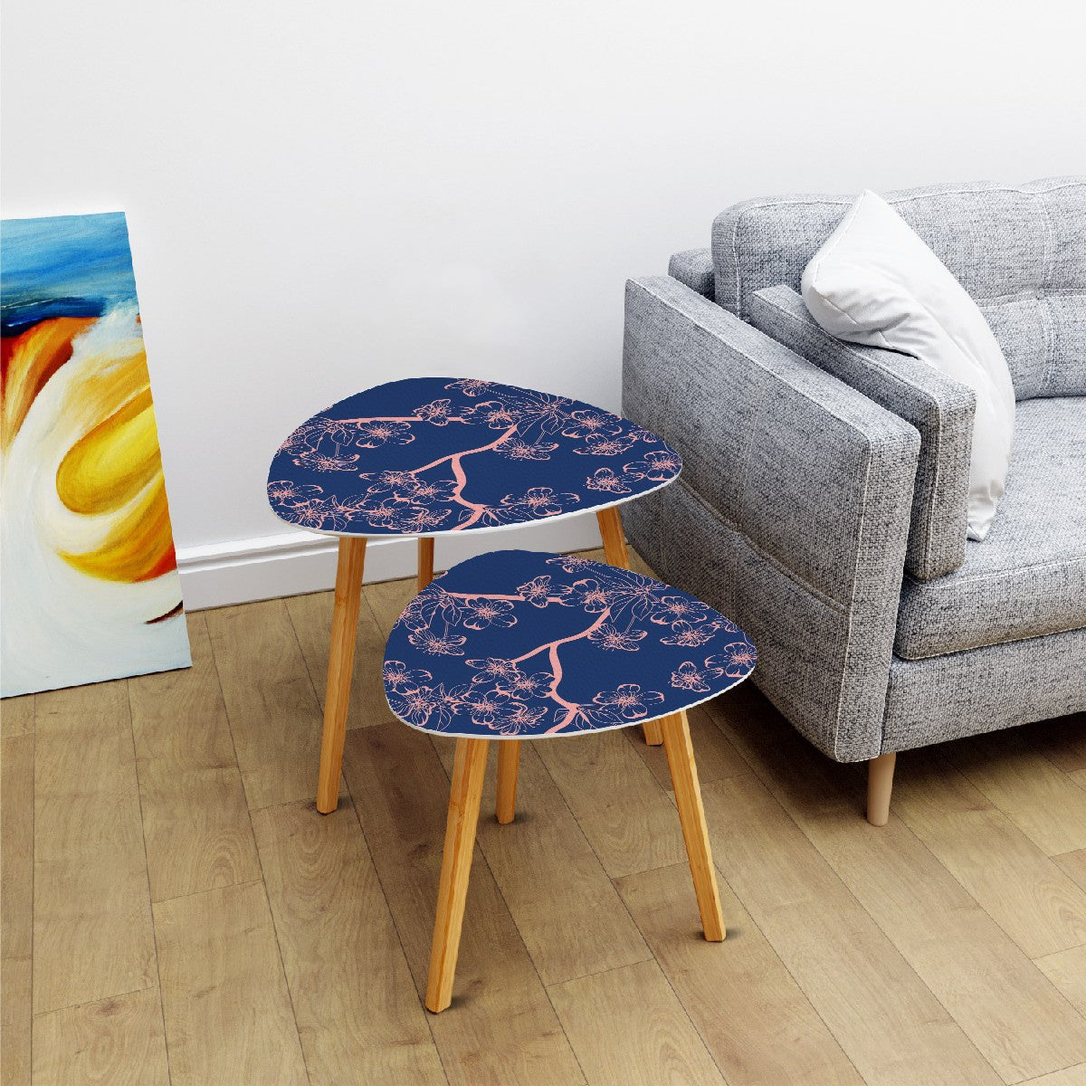 Asian Royal Blue Pink Floral Zen Nesting Triangle Coffee Tables