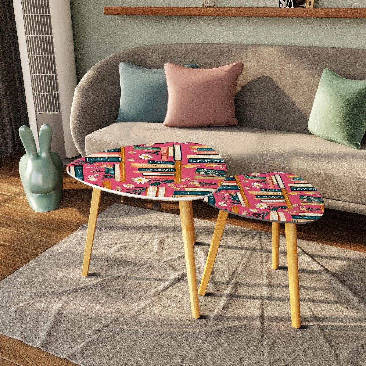 Reading Nook Hot Pink Floral Designed Cozy Modern Triangle Coffee Table Set of 2