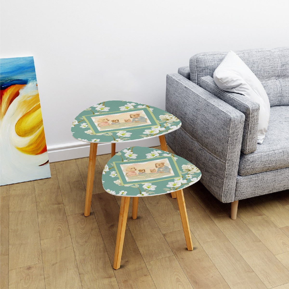 Floral Asian Dogs Playing Mahjong Whimsical Snack Nesting Tables For Mahj Night