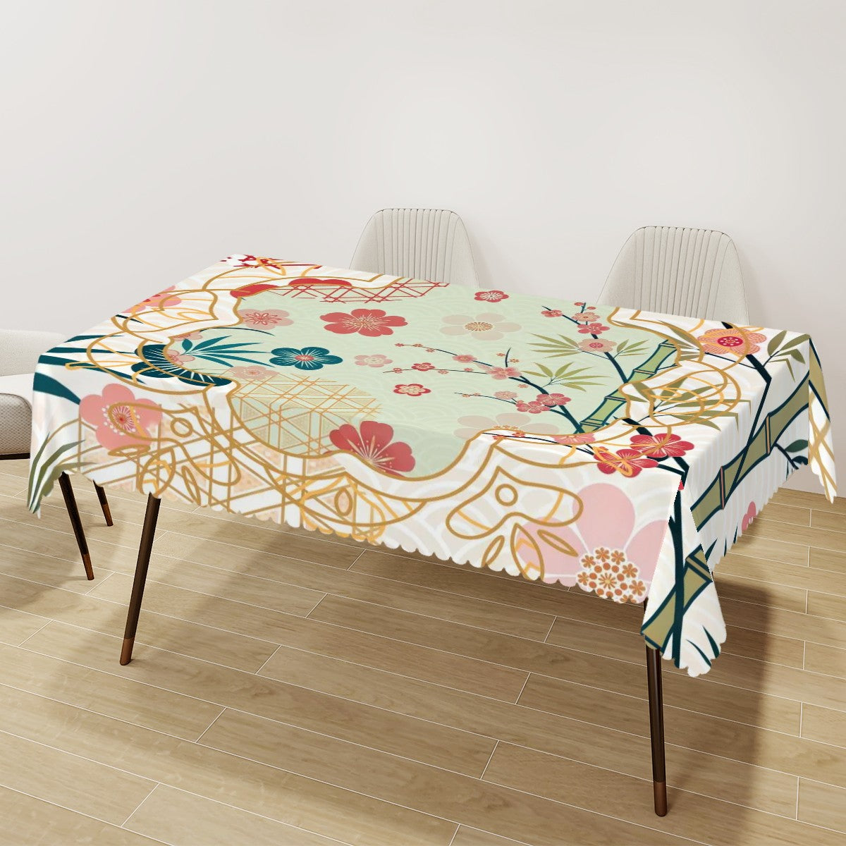 Asian Cherry Blossom Mahjong Party Hosting, All Occassion Rectangular Table Cloth with Wavy Edge