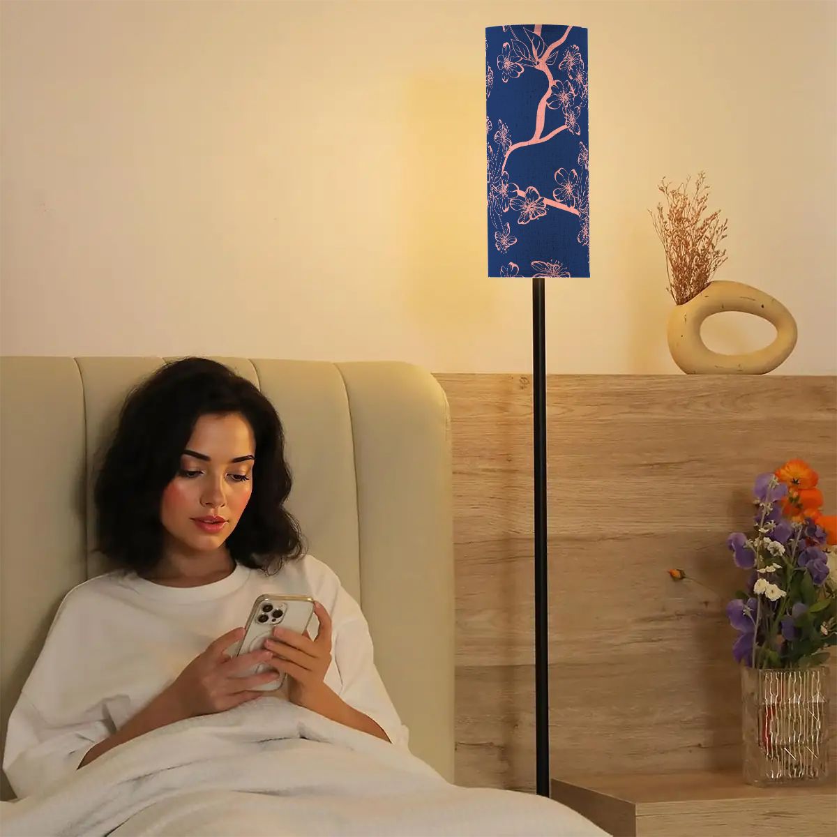 Floral Royal Blue Pink Asian Zen Reading Nook Floor Lamp Modern Standing Lamp
