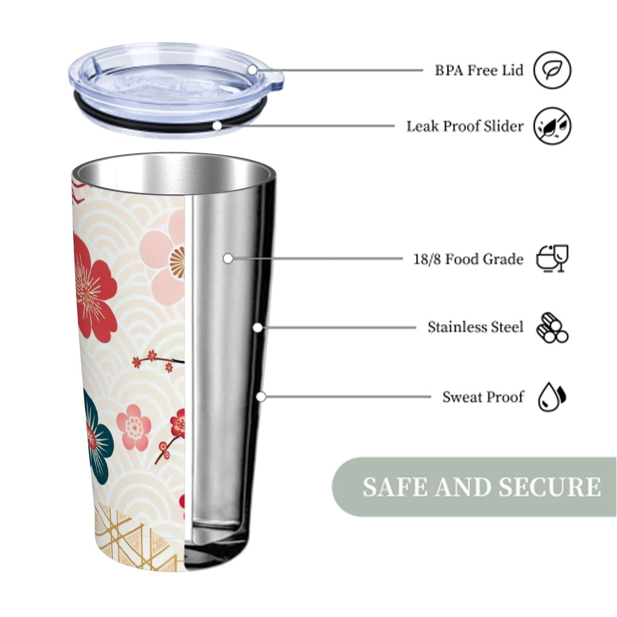 Asian Cherry Blossom Floral Stainless Steel Insulated Tumblers with Lid & Straw