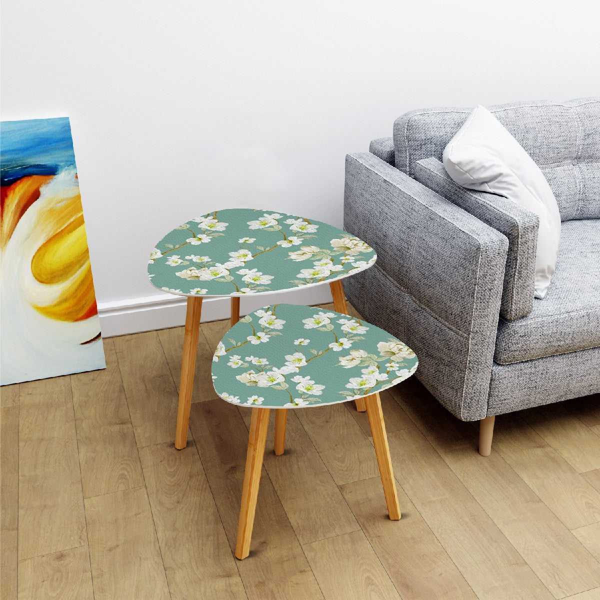 Asian Garden Zen Cherry Blossom Modern Nesting Triangle Coffee Table Set of 2