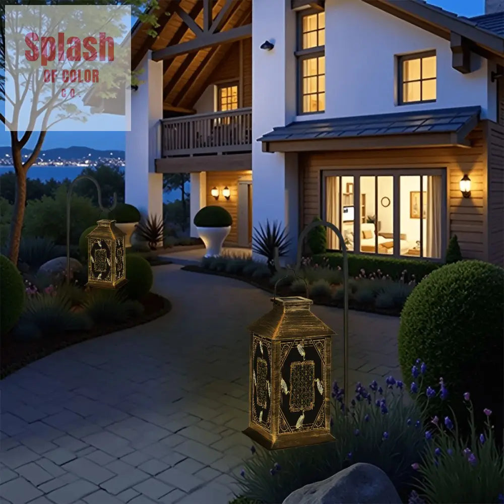 Art Deco Black And Gold Floral Peacock Asian Zen Garden Solar Lantern - One Size - Art Lighting