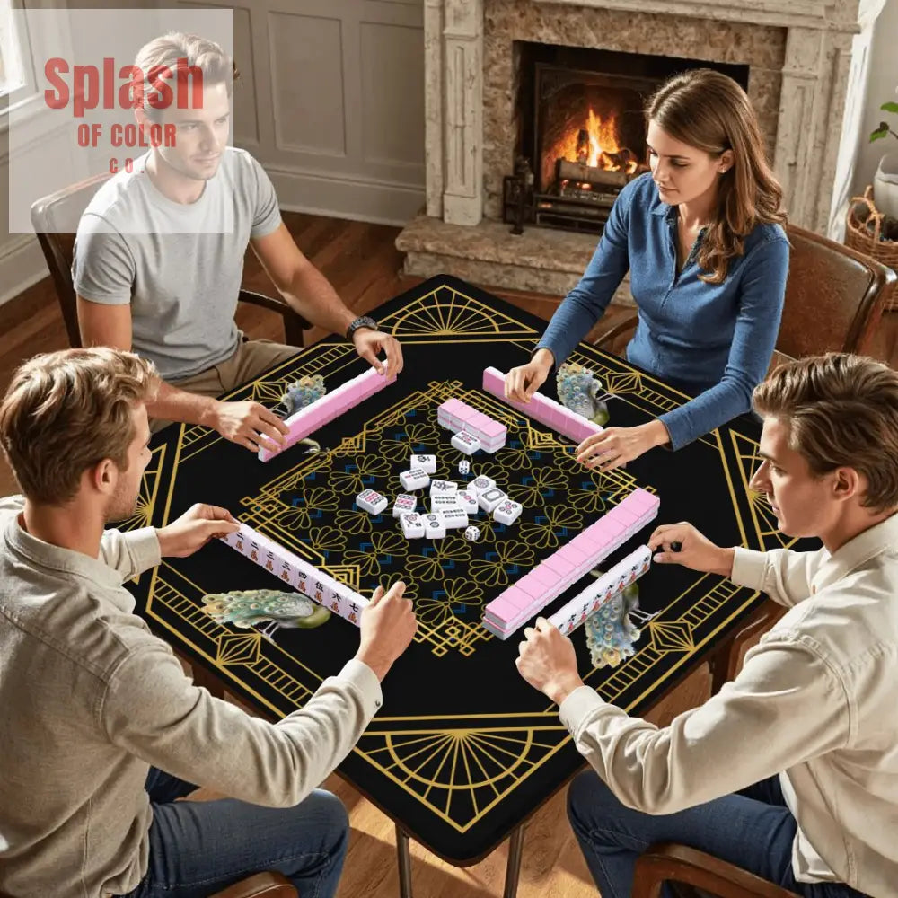 Art Deco Mahjong Mat Black Gold Floral Peacock Elegant Mahj Mat - Daily Accessories
