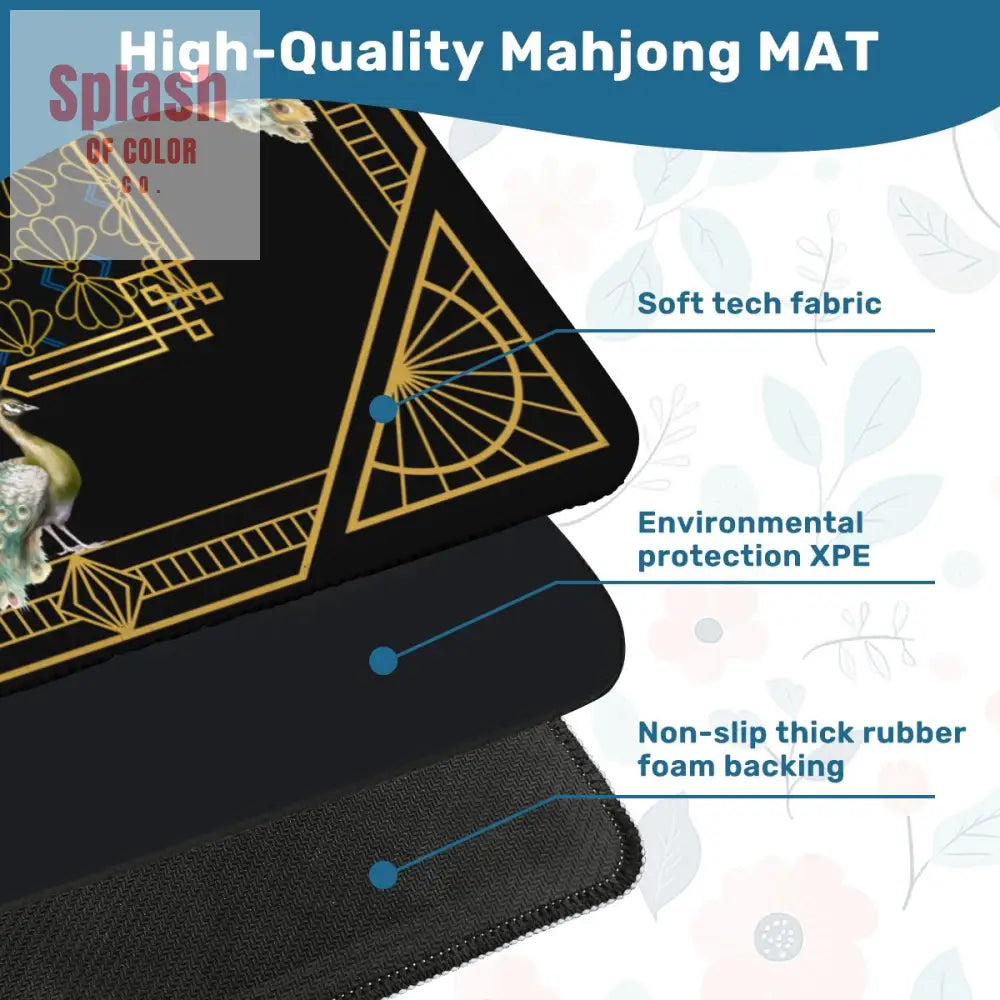 Art Deco Mahjong Mat Black Gold Floral Peacock Elegant Mahj Mat - Daily Accessories