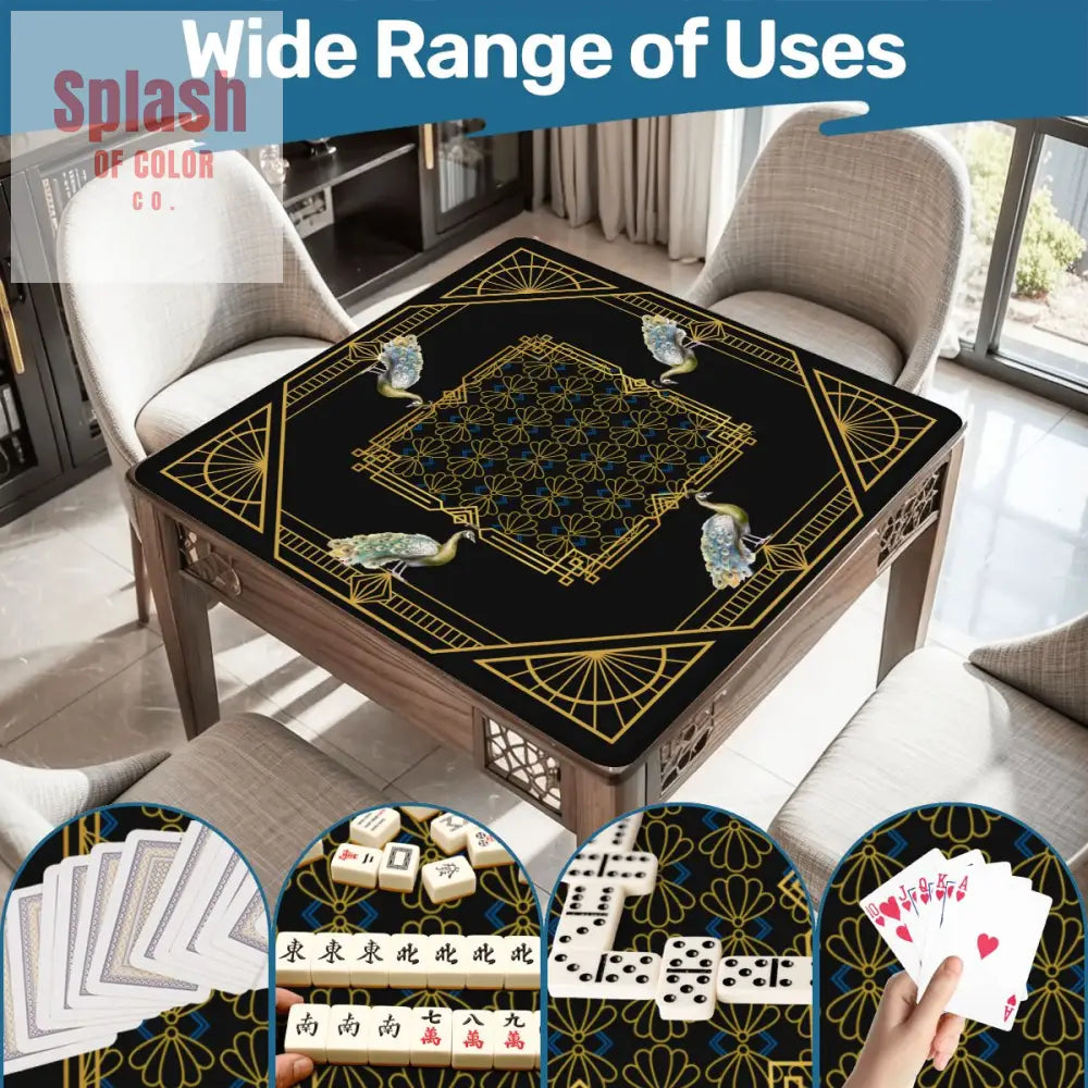 Art Deco Mahjong Mat Black Gold Floral Peacock Elegant Mahj Mat - Daily Accessories