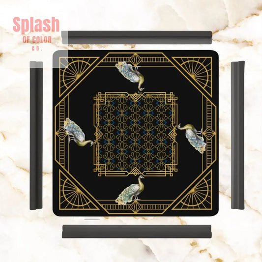 Art Deco Mahjong Mat, Black Gold, Floral Peacock Elegant Mahj Mat - Splash of Color co.