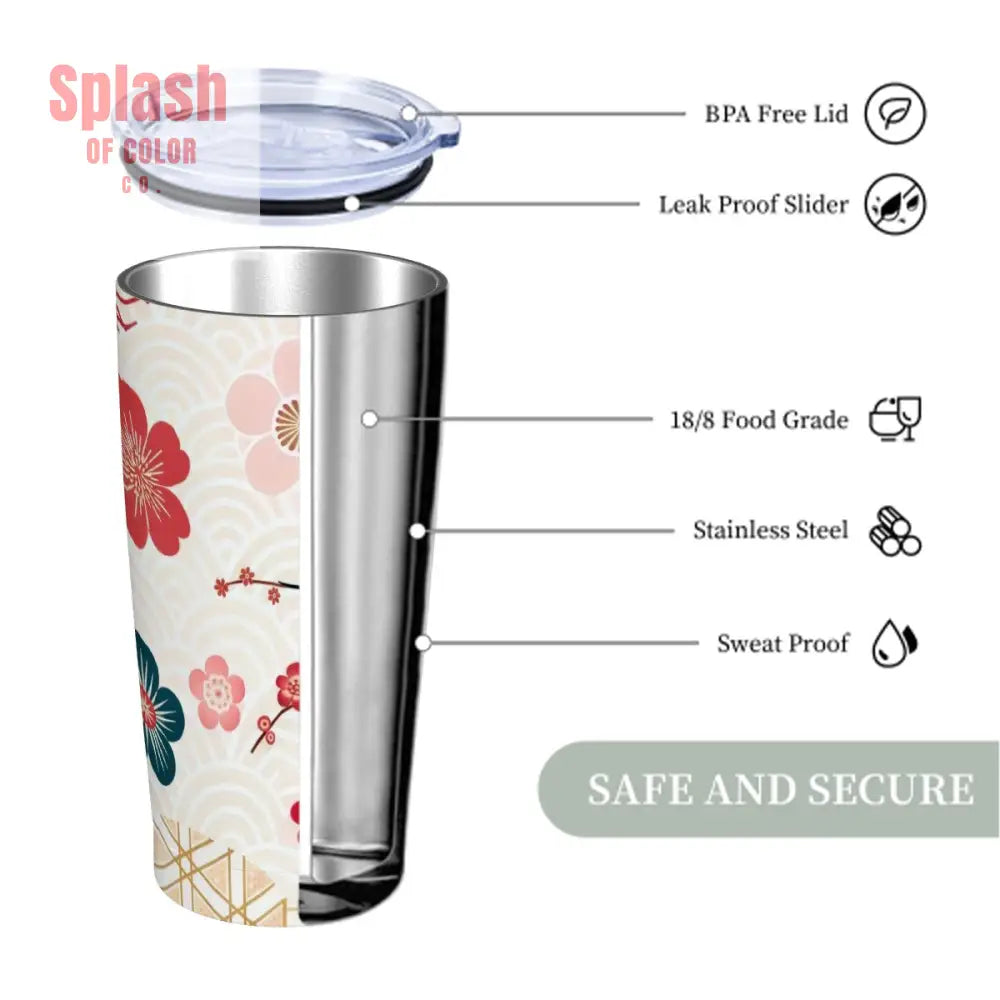 Asian Cherry Blossom Floral Stainless Steel Insulated Tumblers with Lid & Straw One Size Drinkware