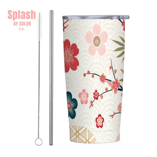 Asian Cherry Blossom Floral Stainless Steel Insulated Tumblers with Lid & Straw - Splash of Color co.