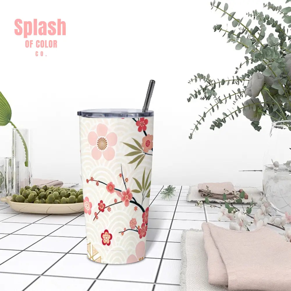 Asian Cherry Blossom Floral Stainless Steel Insulated Tumblers with Lid & Straw One Size Drinkware