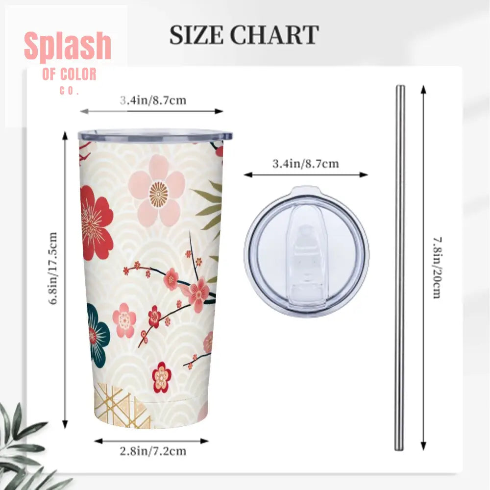 Asian Cherry Blossom Floral Stainless Steel Insulated Tumblers with Lid & Straw One Size Drinkware