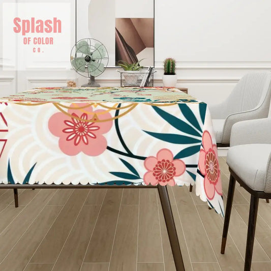 Asian Cherry Blossom Mahjong Party Hosting All Occassion Rectangular Table Cloth with Wavy Edge 72’’x54’’ Home