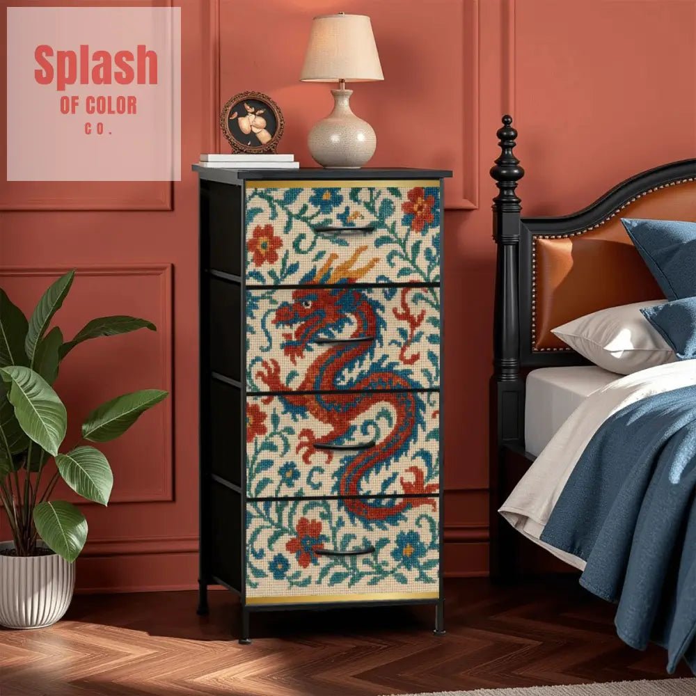 Asian Chinese Dragon, Faux Needlepoint Mahjong Storage 4 - Drawer Dresser - Splash of Color co.