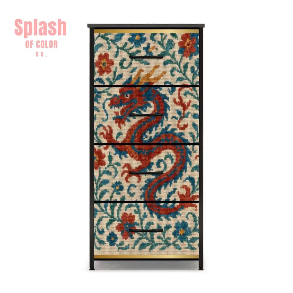 Asian Chinese Dragon, Faux Needlepoint Mahjong Storage 4 - Drawer Dresser - Splash of Color co.