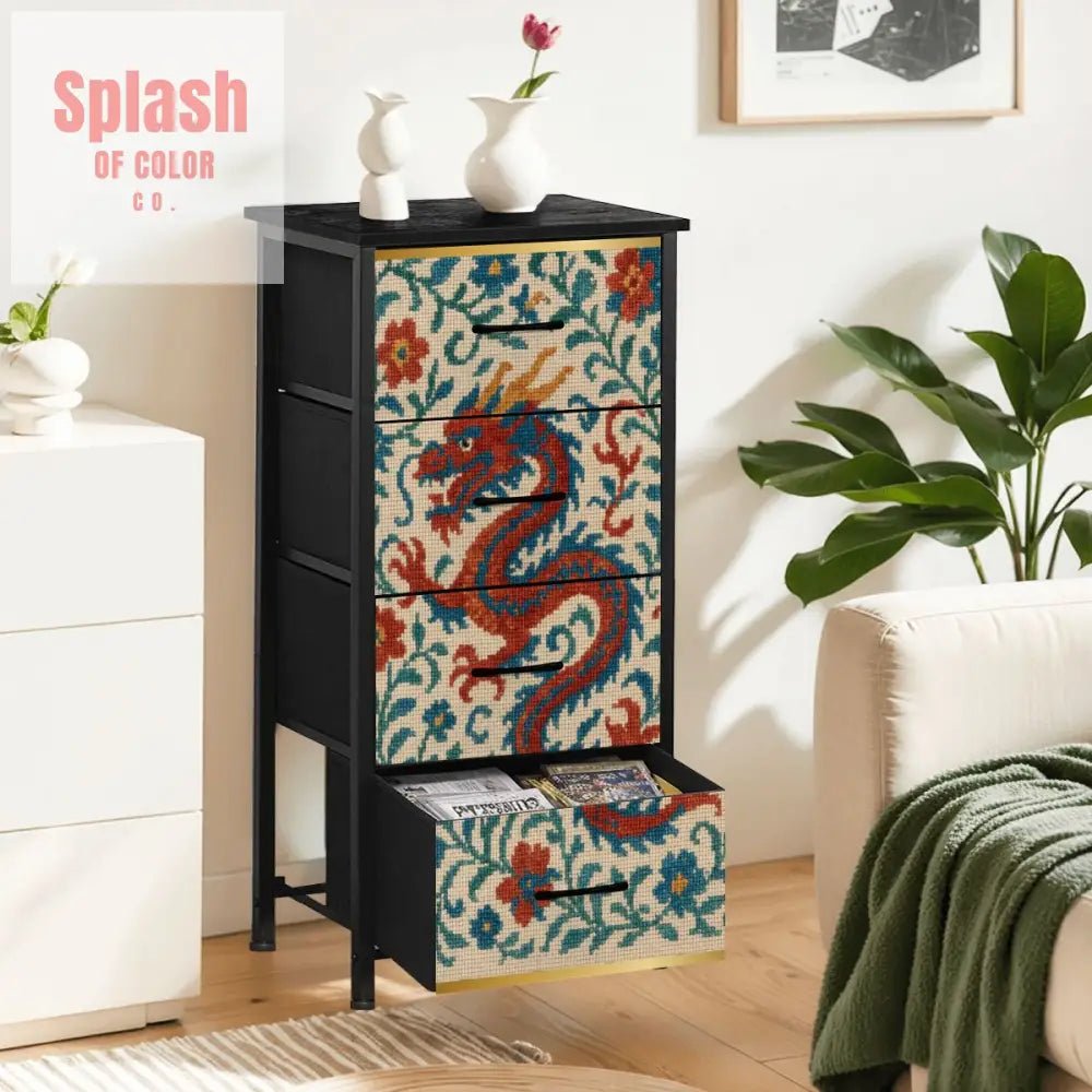 Asian Chinese Dragon, Faux Needlepoint Mahjong Storage 4 - Drawer Dresser - Splash of Color co.